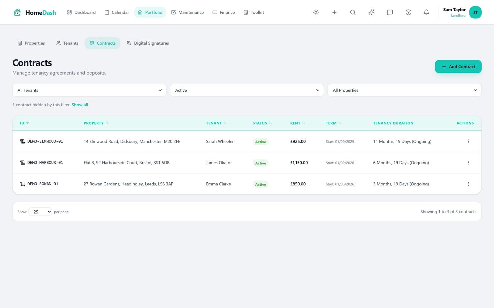 HomeDash contracts list showing active tenancies with rent and duration