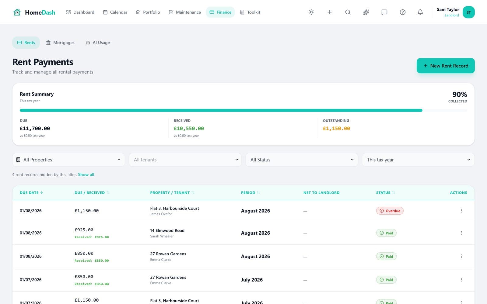 HomeDash rent payments with collection summary and an overdue payment flagged
