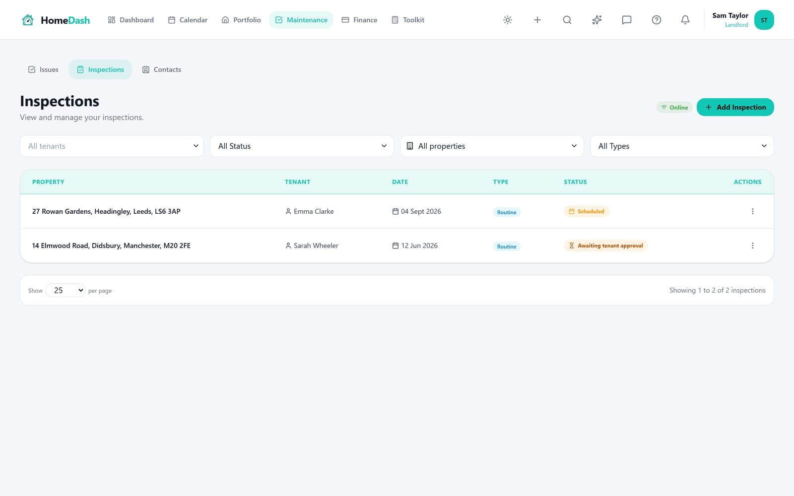 HomeDash inspections list with scheduled and awaiting-approval statuses