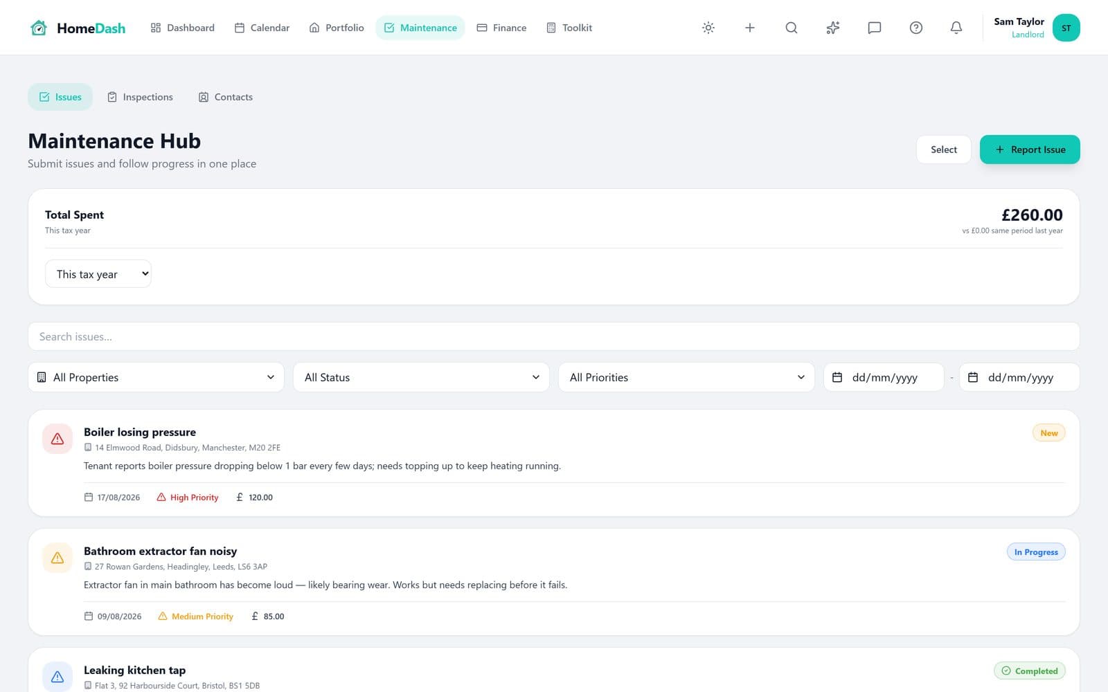 HomeDash maintenance hub with tenant-reported issues tracked by status, priority and cost