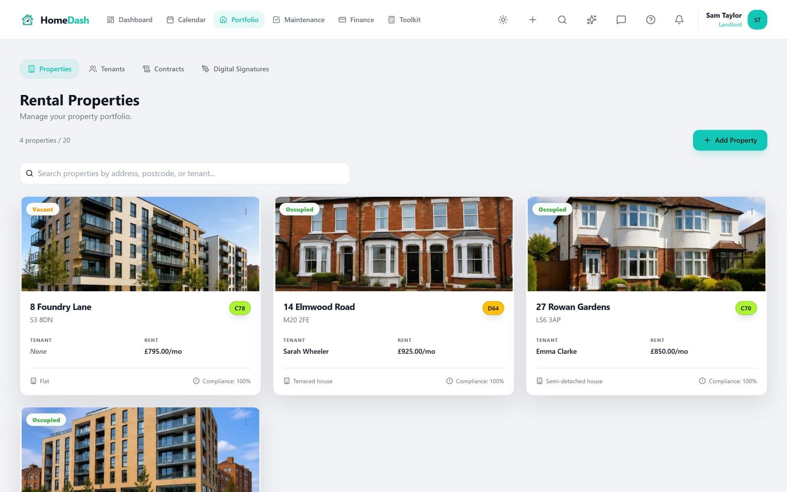 HomeDash properties with EPC ratings and compliance status on each property card