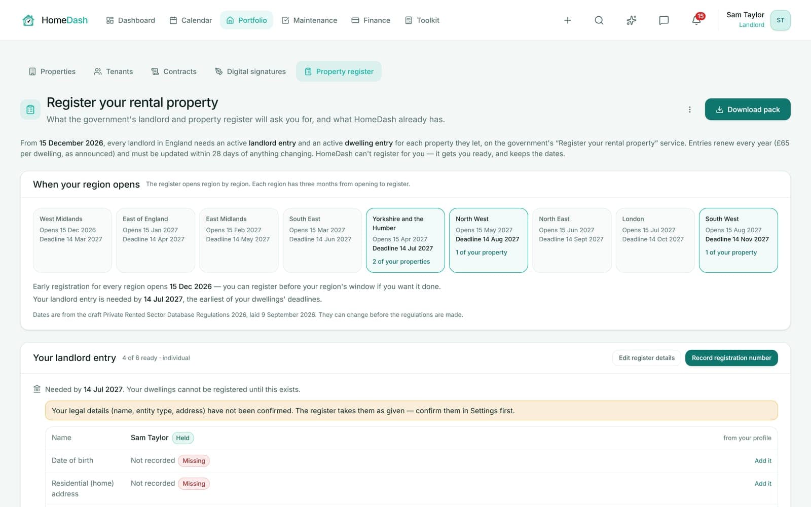 HomeDash PRS Database readiness with regional opening dates and held/missing register fields