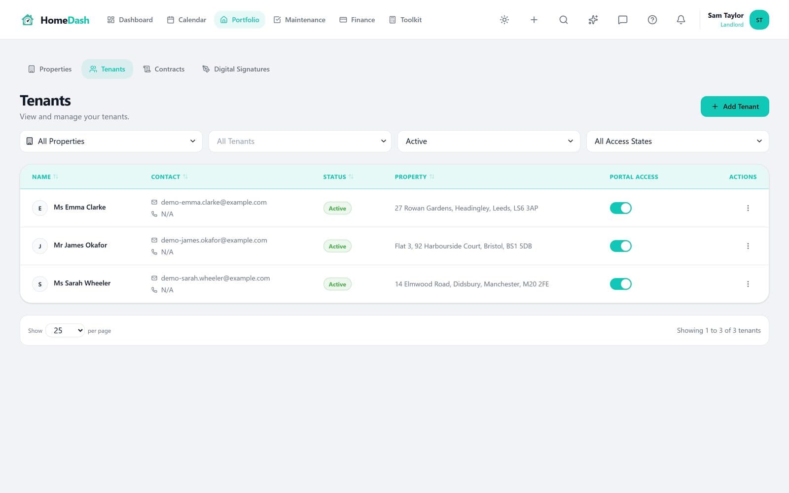 HomeDash tenants list with portal access toggles